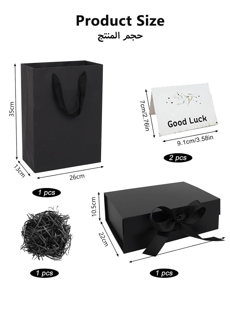 صندوق هدايا أسود فاخر مغناطيسي قابل للطي (29×22×10.5 سم) – مع حقيبة هدايا، شريط، رافيا وبطاقة تهنئة، مثالي لأعياد الميلاد والزفاف وعيد الحب والكريسماس - Image 4